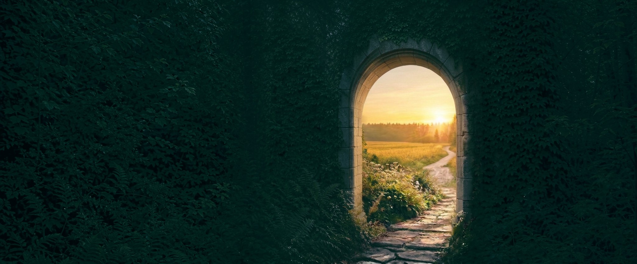 A weathered stone portal in blue woodland, with warm golden sunrise lighting the path through the arch
